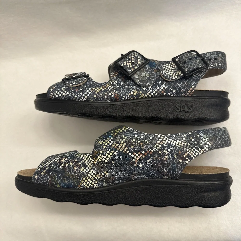 SAS Women's Blue Snake Skin Pattern Cork Insole Tripad  Sandals Size 6.5 M Comfy